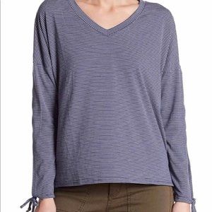 Thyme + Honey Blue/White Striped V-Neck Shirt with Open Sleeves